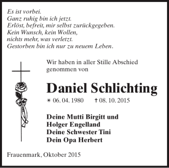 Traueranzeige von Daniel Schlichting von Parchimer Zeitung