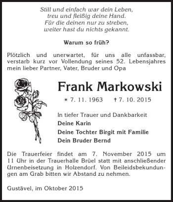 Traueranzeige von Frank Markowski von Anzeiger für Sternberg - Brüel - Warin