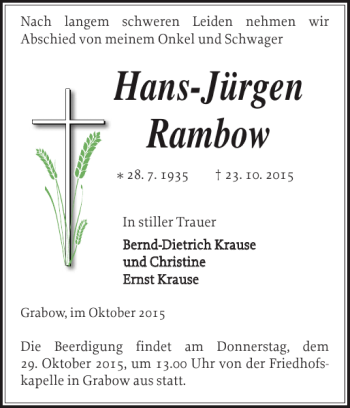 Traueranzeige von Hans-Jürgen Rambow von Ludwigsluster Tageblatt