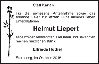 Traueranzeige von Helmut Liepert von Anzeiger für Sternberg - Brüel - Warin