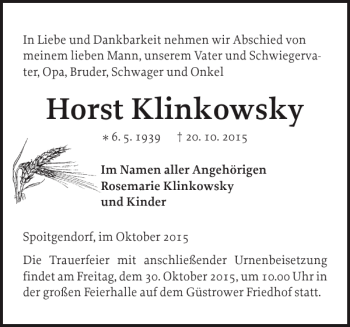 Traueranzeige von Horst Klinkowsky von Güstrower Anzeiger