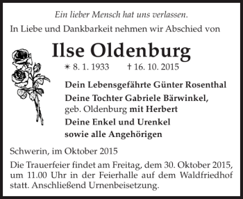 Traueranzeige von Ilse Oldenburg von Zeitung für die Landeshauptstadt