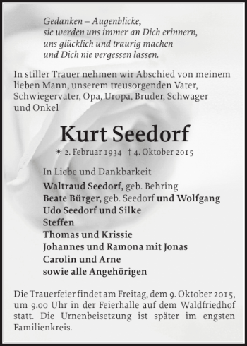 Traueranzeige von Kurt Seedorf von Zeitung für die Landeshauptstadt