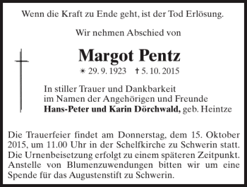 Traueranzeige von Margot Pentz von Zeitung für die Landeshauptstadt