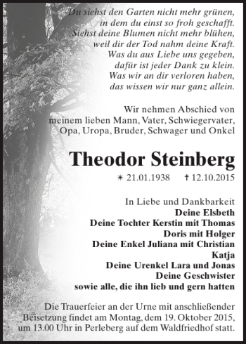 Traueranzeige von Theodor Steinberg von Der Prignitzer