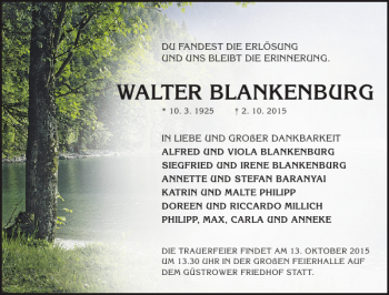 Traueranzeige von WALTER BLANKENBURG von Güstrower Anzeiger