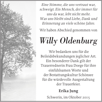 Traueranzeige von Willy Oldenburg von Zeitung für die Landeshauptstadt