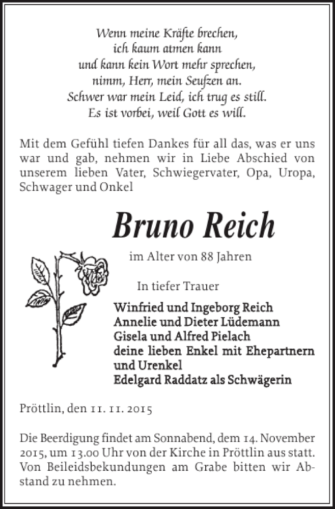 Traueranzeigen Von Bruno Reich 