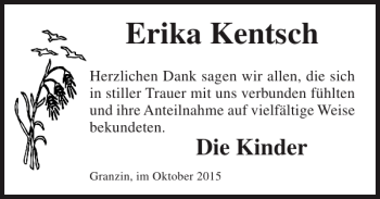 Traueranzeige von Erika Kentsch von Hagenower Kreisblatt