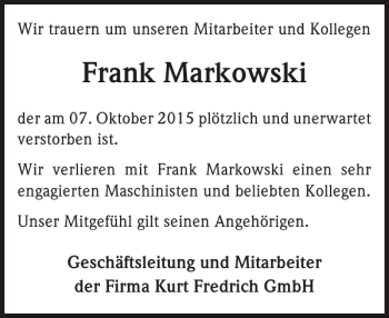 Traueranzeige von Frank Markowski von Anzeiger für Sternberg - Brüel - Warin