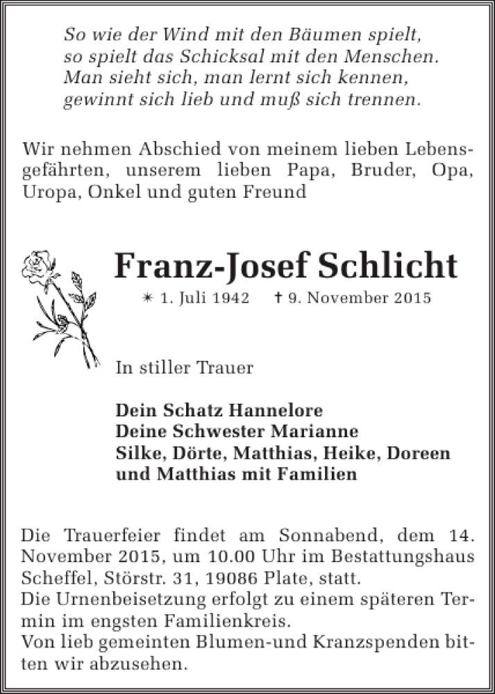  Traueranzeige für Franz-Josef Schlicht vom 12.11.2015 aus Zeitung für die Landeshauptstadt