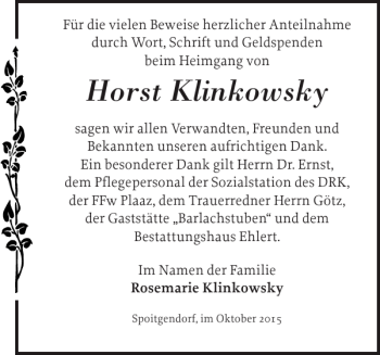 Traueranzeige von Horst Klinkowsky von Güstrower Anzeiger