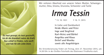 Traueranzeige von Irma Tessin von Güstrower Anzeiger