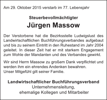 Traueranzeige von Jürgen Massow von Ludwigsluster Tageblatt