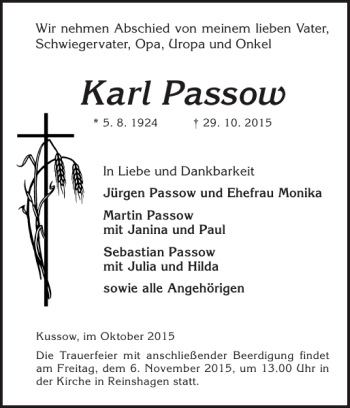 Traueranzeige von Karl Passow von Güstrower Anzeiger