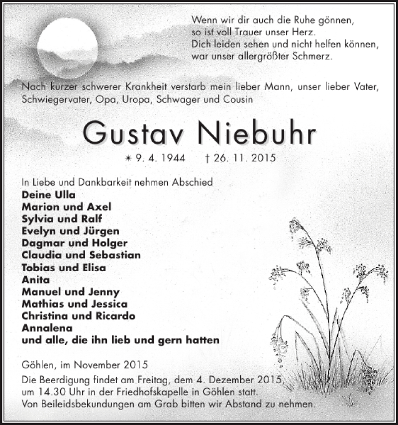  Traueranzeige für Gustav Niebuhr vom 01.12.2015 aus Ludwigsluster Tageblatt