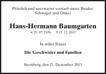 Traueranzeige von Hans-Hermann Baumgarten von Anzeiger für Sternberg - Brüel - Warin