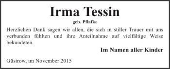 Traueranzeige von Irma Tessin von Güstrower Anzeiger