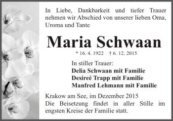 Traueranzeige von Maria Schwaan von Güstrower Anzeiger