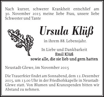 Traueranzeige von Ursula Klüß von Ludwigsluster Tageblatt