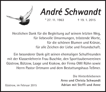 Traueranzeige von André Schwandt von Güstrower Anzeiger