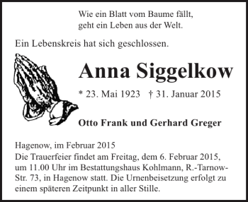 Traueranzeige von Anna Siggelkow A von Hagenower Kreisblatt