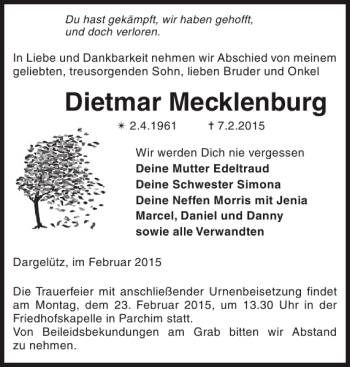 Traueranzeige von Dietmar Mecklenburg von Parchimer Zeitung