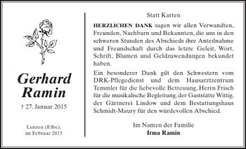 Traueranzeige von Gerhard Ramin von Ludwigsluster Tageblatt