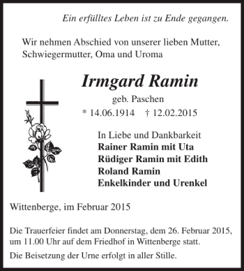 Traueranzeige von Irmgard Ramin von Der Prignitzer