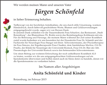 Traueranzeige von Jürgen Schönfeld von Hagenower Kreisblatt