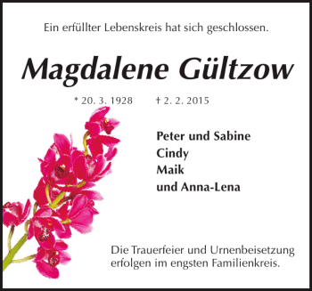 Traueranzeige von Magdalene Gültzow von Güstrower Anzeiger