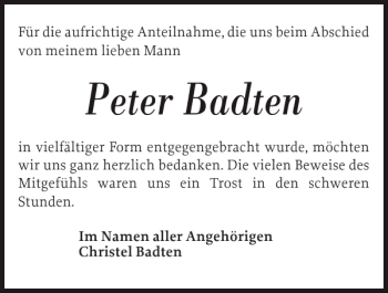 Traueranzeige von Peter Badten von Norddeutsche Neueste Nachrichten