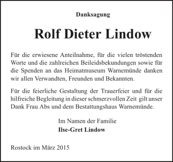 Traueranzeige von Rolf Dieter Lindow von Norddeutsche Neueste Nachrichten