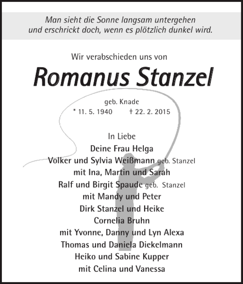  Traueranzeige für Romanus Stanzel vom 28.02.2015 aus Güstrower Anzeiger