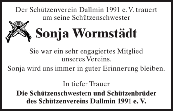 Traueranzeige von Sonja Wormstädt von Der Prignitzer