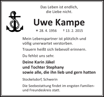 Traueranzeige von Uwe Kampe von Zeitung für die Landeshauptstadt