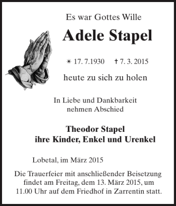 Traueranzeige von Adele Stapel von Hagenower Kreisblatt