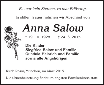 Traueranzeige von Anna Salow von Bützower Zeitung