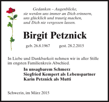 Traueranzeige von Birgit Petznick von Zeitung für die Landeshauptstadt