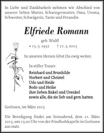 Traueranzeige von Elfriede Romann von Ludwigsluster Tageblatt