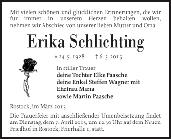 Traueranzeige von Erika Schlichting von Norddeutsche Neueste Nachrichten