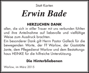 Traueranzeige von Erwin Bade von Ludwigsluster Tageblatt