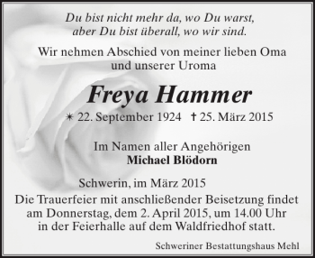 Traueranzeige von Freya Hammer von Zeitung für die Landeshauptstadt