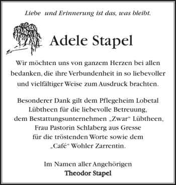 Traueranzeige von Adele Stapel von Hagenower Kreisblatt