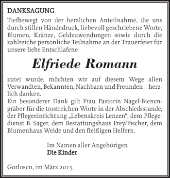 Traueranzeige von Elfriede Romann von Ludwigsluster Tageblatt