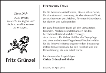 Traueranzeige von Fritz Grünzel von Bützower Zeitung