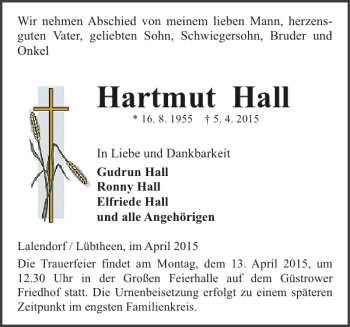 Traueranzeige von Hartmut Hall von Güstrower Anzeiger