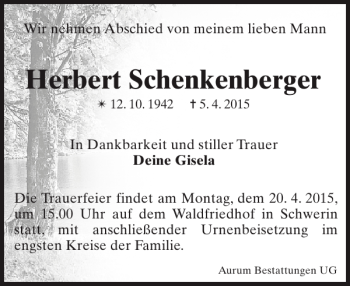 Traueranzeige von Herbert Schenkenberger von Zeitung für die Landeshauptstadt