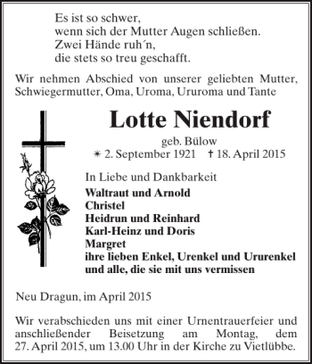 Traueranzeige von Lotte Niendorf von Gadebusch-Rehnaer Zeitung