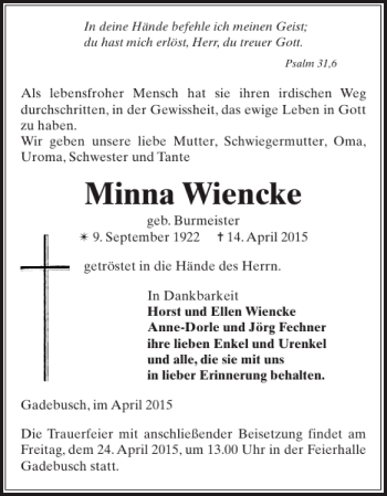 Traueranzeige von Minna Wiencke von Gadebusch-Rehnaer Zeitung